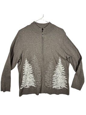 CJ Banks Hand Beaded Cardigan Winter Tree Design Full Zip Size 1X (14W) Gray